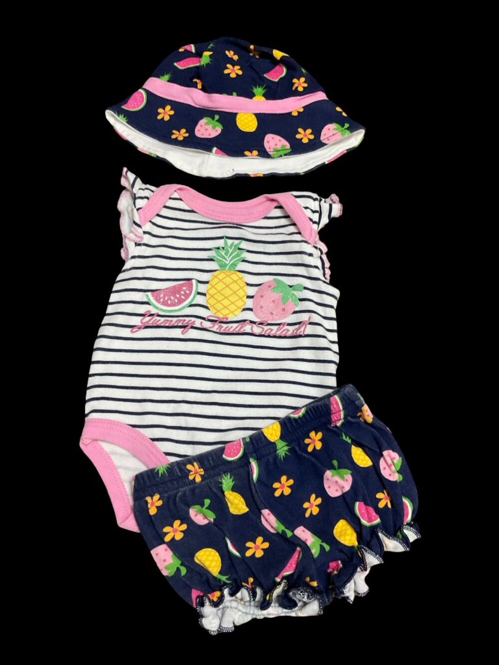 👣 5/$25 - Navy/Pink 3 Piece Fruit Print Outfit
